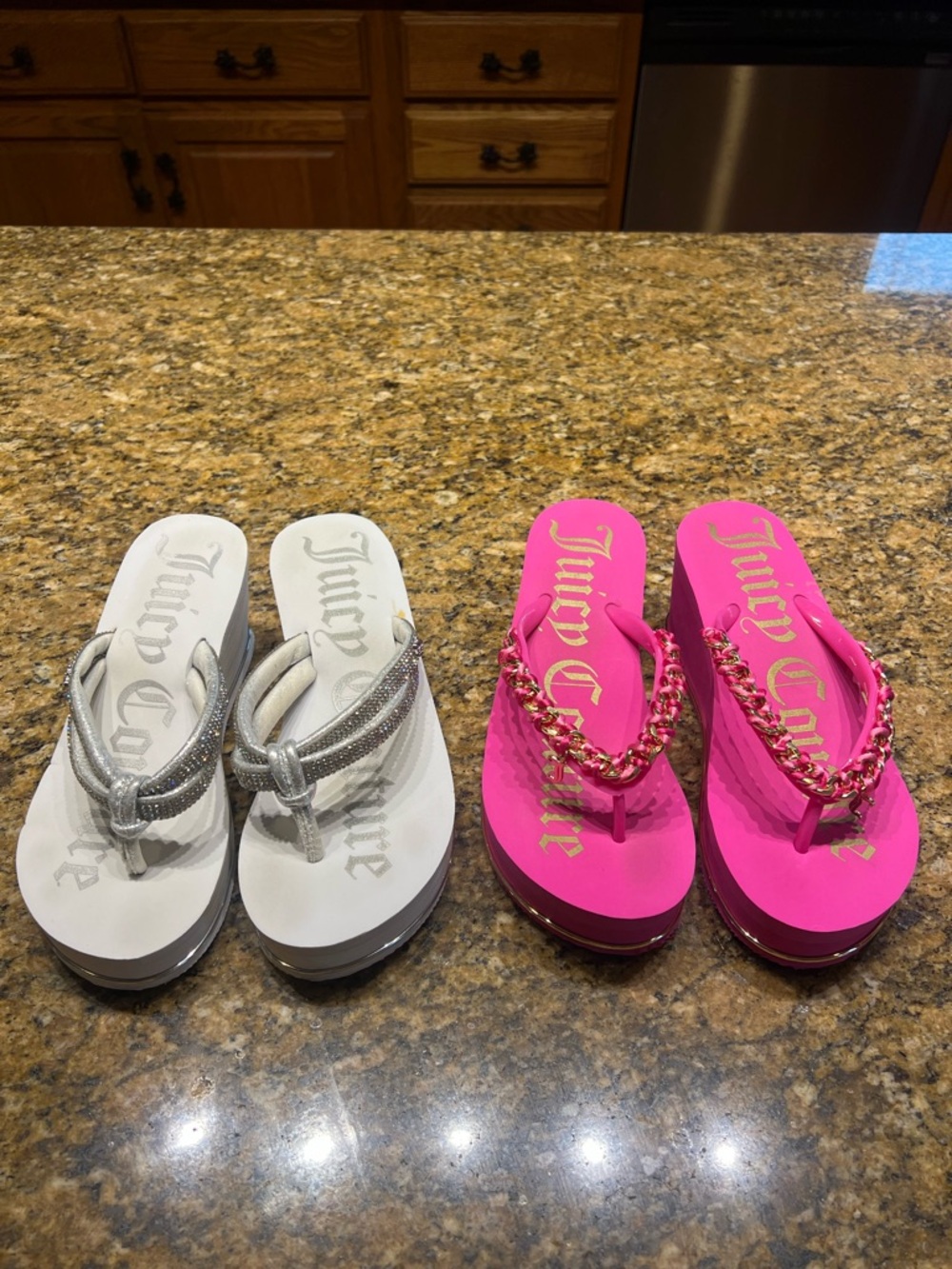 Juicy Couture White & Hot Pink Platform Flip Flops with Metallic Accents bundle
